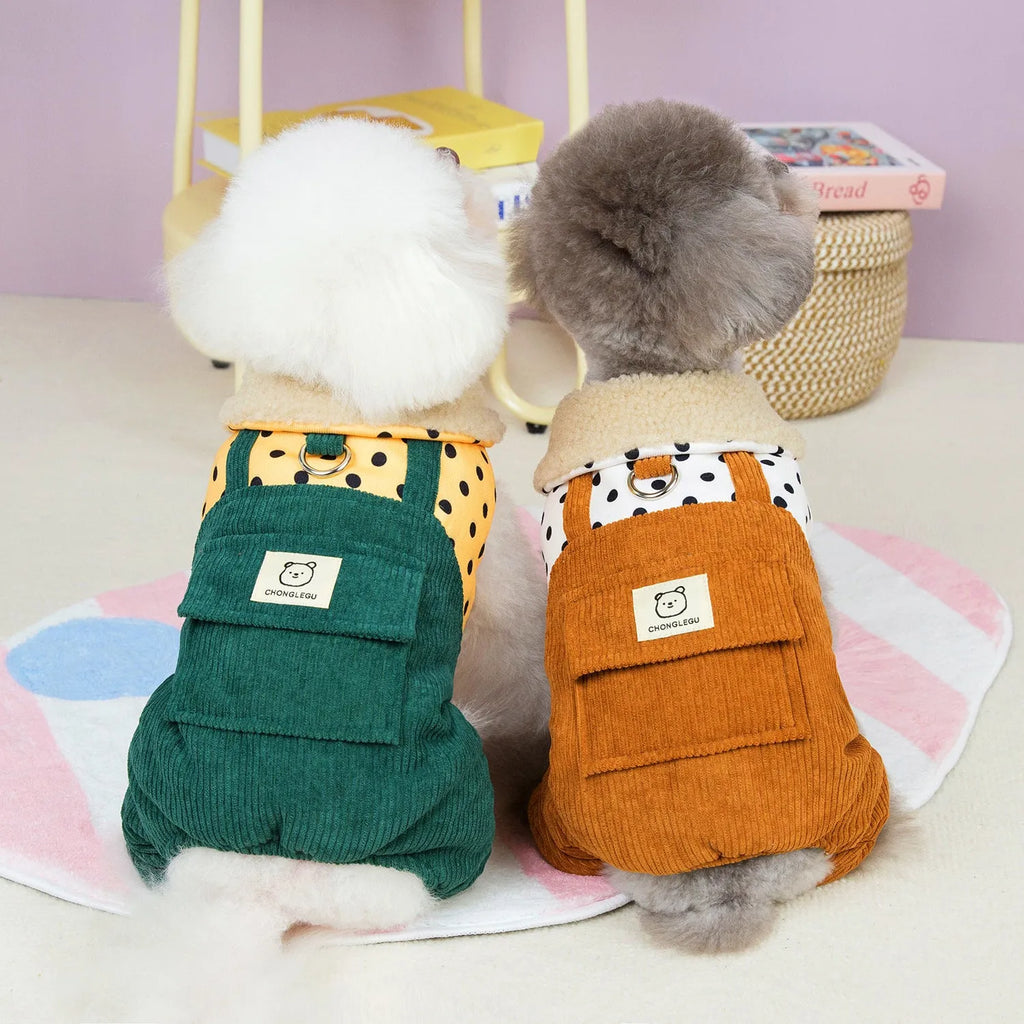 Thickened four-legged cotton pet clothes for small dogs in dark green and brown, sizes XS to XL