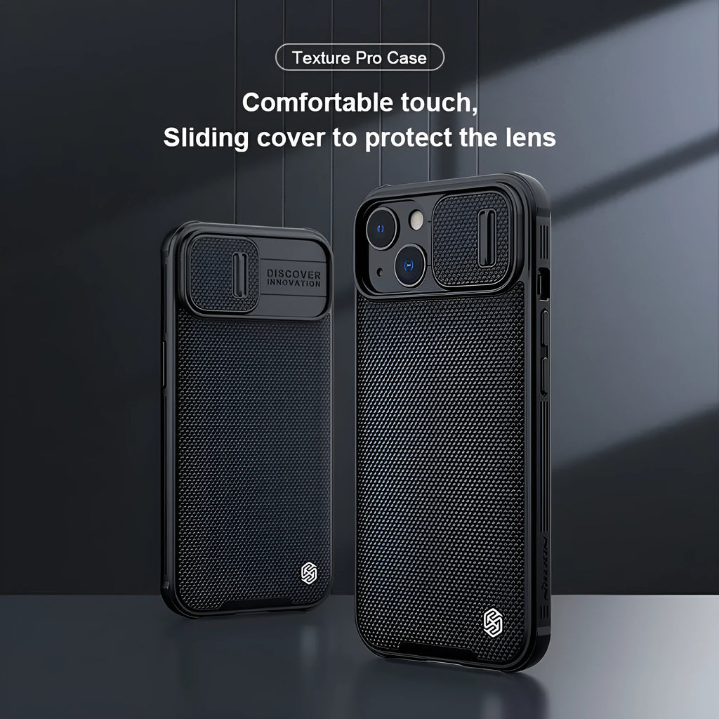 Black textured PC and TPU sliding back cover case for Apple iPhone 13 Pro Max on a white background.