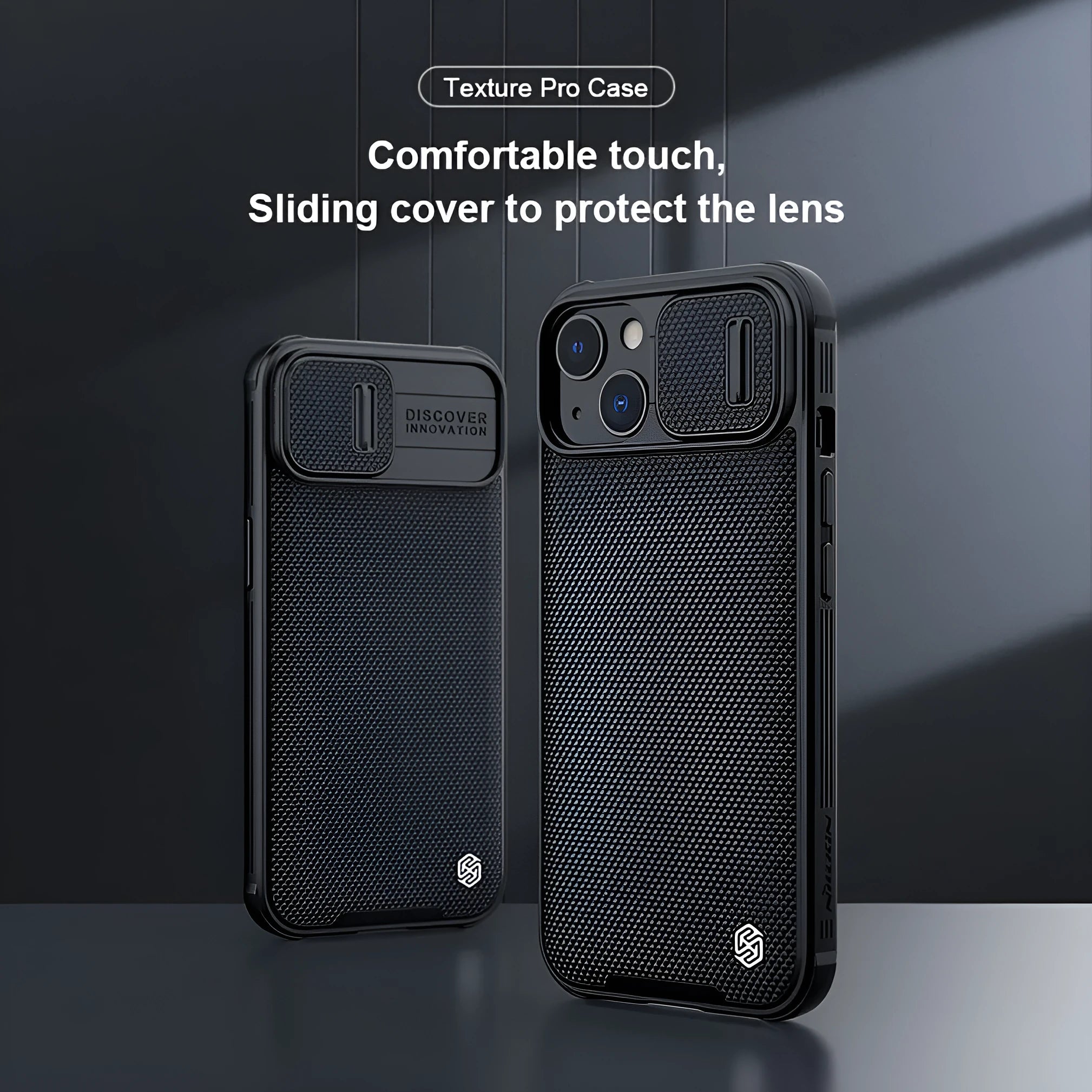 Black textured PC and TPU sliding back cover case for Apple iPhone 13 Pro Max on a white background.