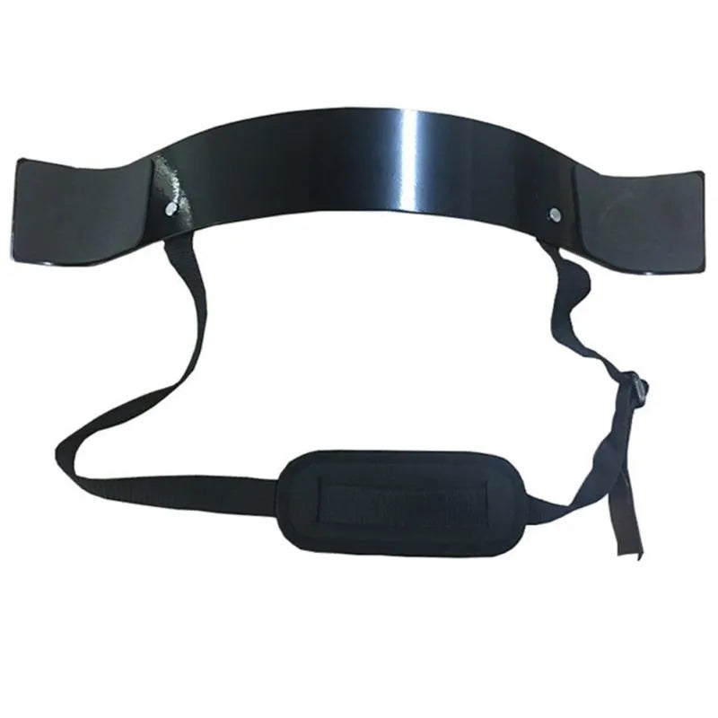 Black aluminium biceps training board with nylon straps and sponge elbow pads on flat surface