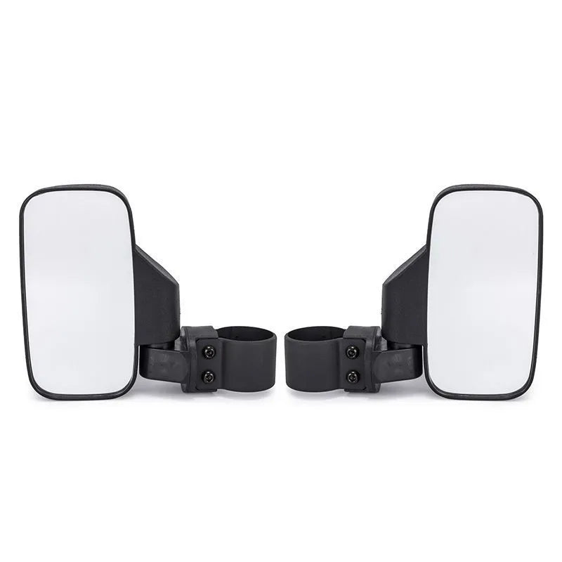 Black universal motorcycle off-road rearview mirror pair for UTV with plastic housing and glass mirror