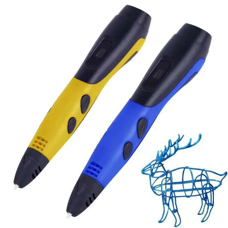 3D printing pen with plastic body, USB cable, and accessories including base and 12-colour filaments