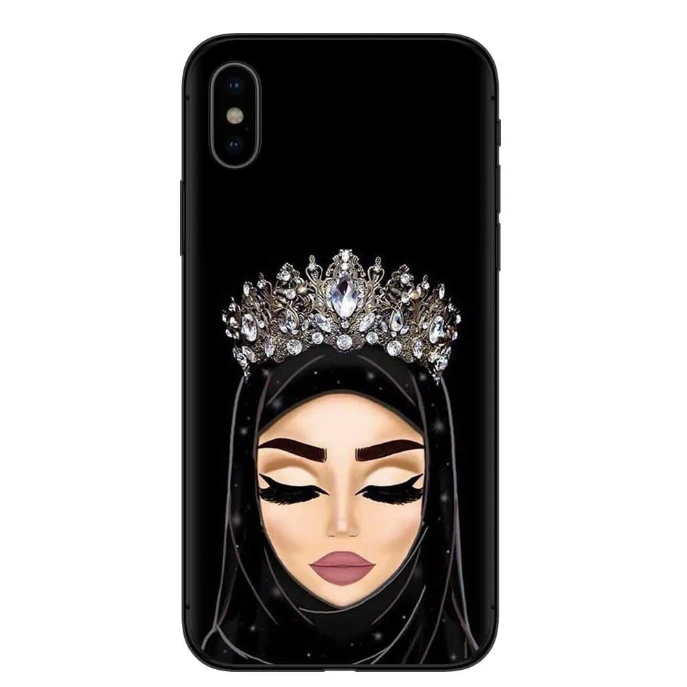 iPhone TPU back cover phone case with painted rhinestone, floral, and letter Islamic hijab veil design.