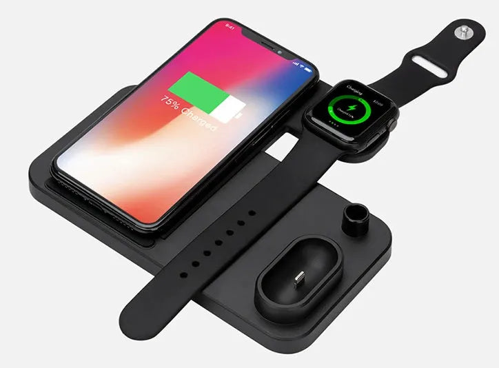 4-in-1 adjustable wireless charging station charging a phone, Apple Watch, and AirPods.
