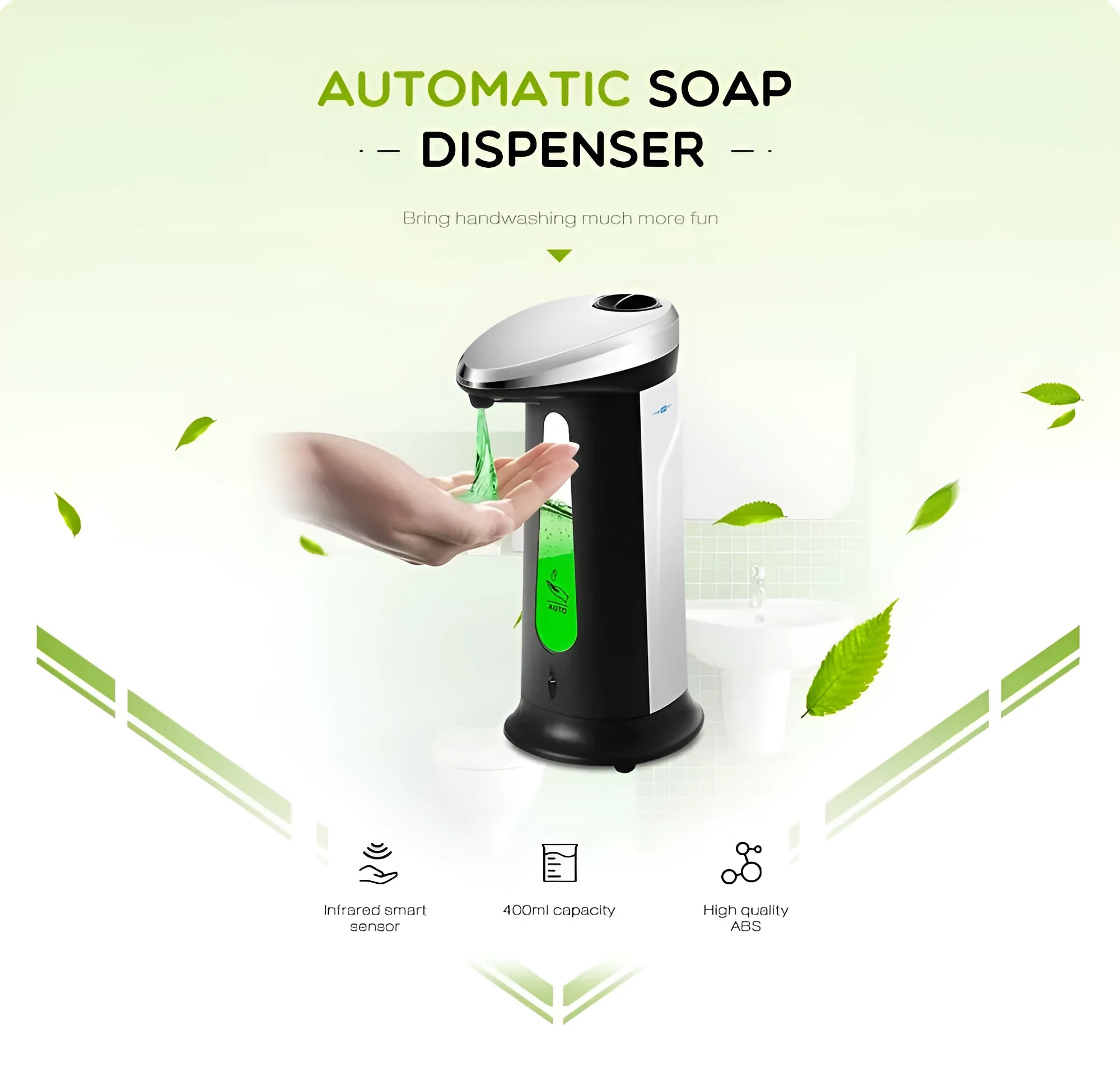 Black automatic sensor-operated liquid soap dispenser with 400ml capacity on a bathroom counter.