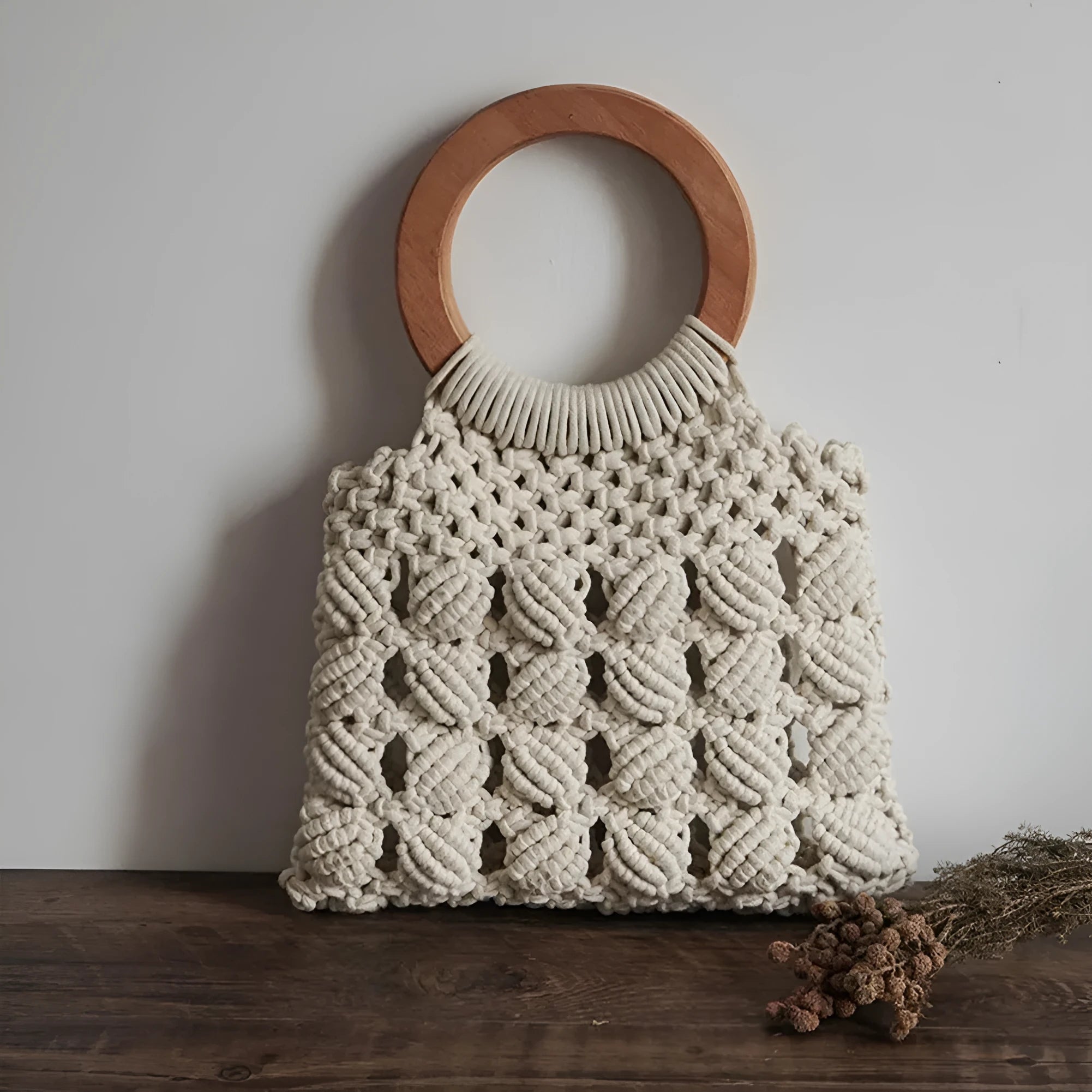 Fashion cotton rope straw women bag with round wooden handle, hollow weave, 28x30cm, brown colour