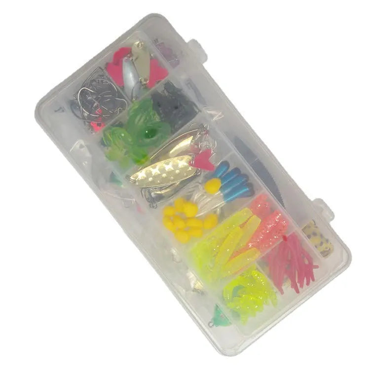 142-piece fishing lure set showing hard mino swimbaits with sequins, metal pliers, and assorted plastic lures.