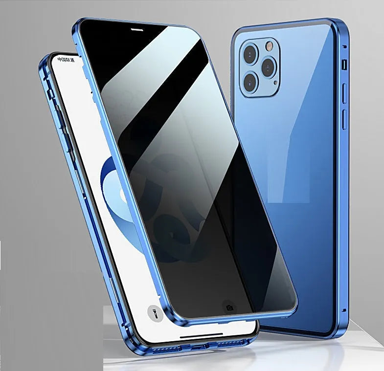 Magnetic clamshell iPhone case with double-sided tempered glass and anti-spying privacy screen in multiple colour options