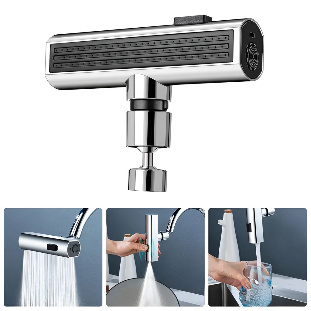 Kitchen faucet waterfall outlet connector with rotating bubbler and electroplated finish