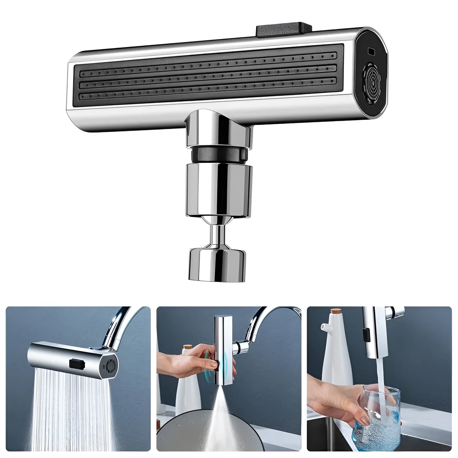 Kitchen faucet waterfall outlet connector with rotating bubbler and electroplated finish