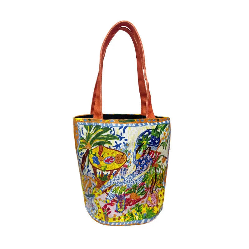Dream Garden Orange canvas bucket bag with plush finish and double shoulder straps
