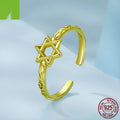 Silver star open ring with six-pointed star shape and retro finish, shown in silver or gold colour option