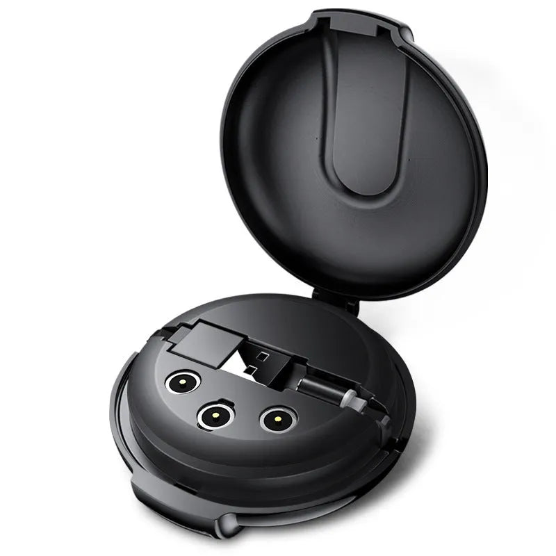 Black magnetic retractable style 3-in-1 charger with car mounting patch and retractable cable