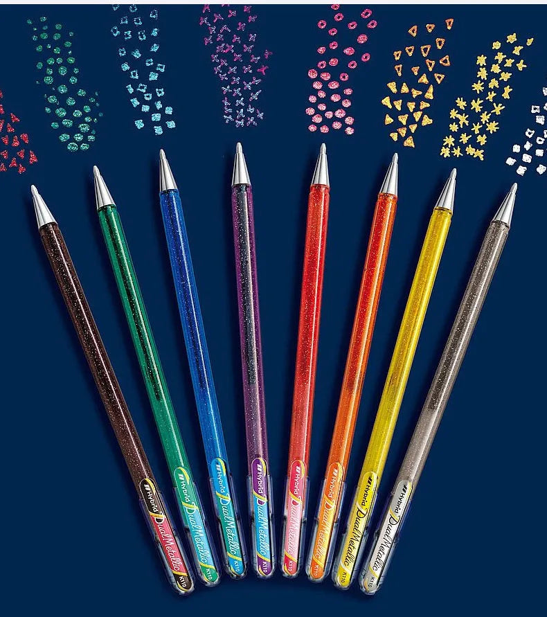 Flash gel pen with glitter ink in eight colours including purple and silver, showing 1.0mm tip.