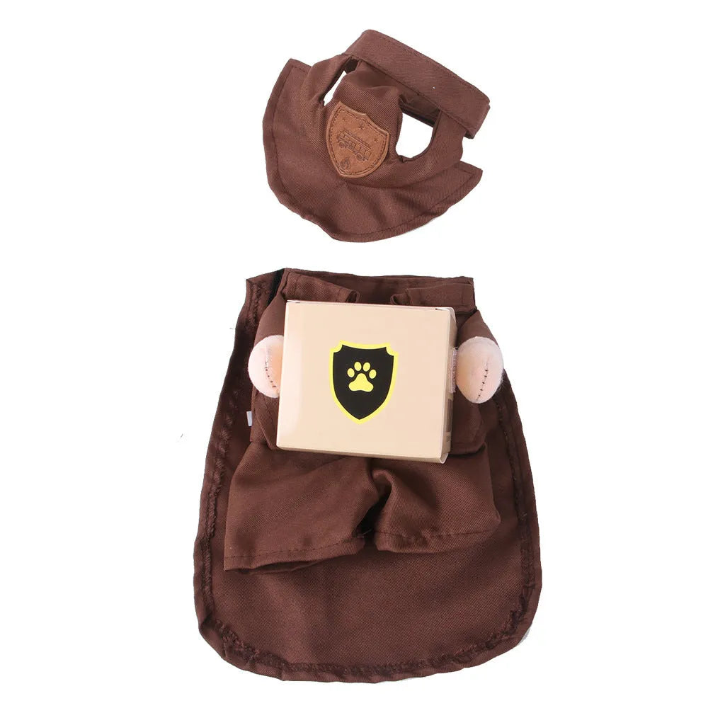 Coffee-coloured polyester courier costume for a dog standing up.