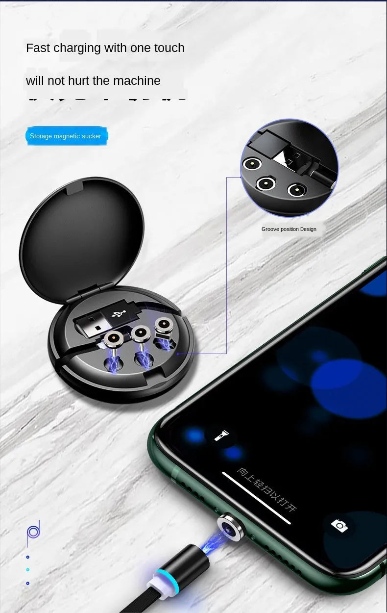 Black 3-in-1 magnetic data cable with Apple, Android and Type-C connectors, 1m length