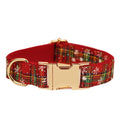 Red Christmas dog collar and leash set with snowflake design, plaid rope, floral bows, and matching vest