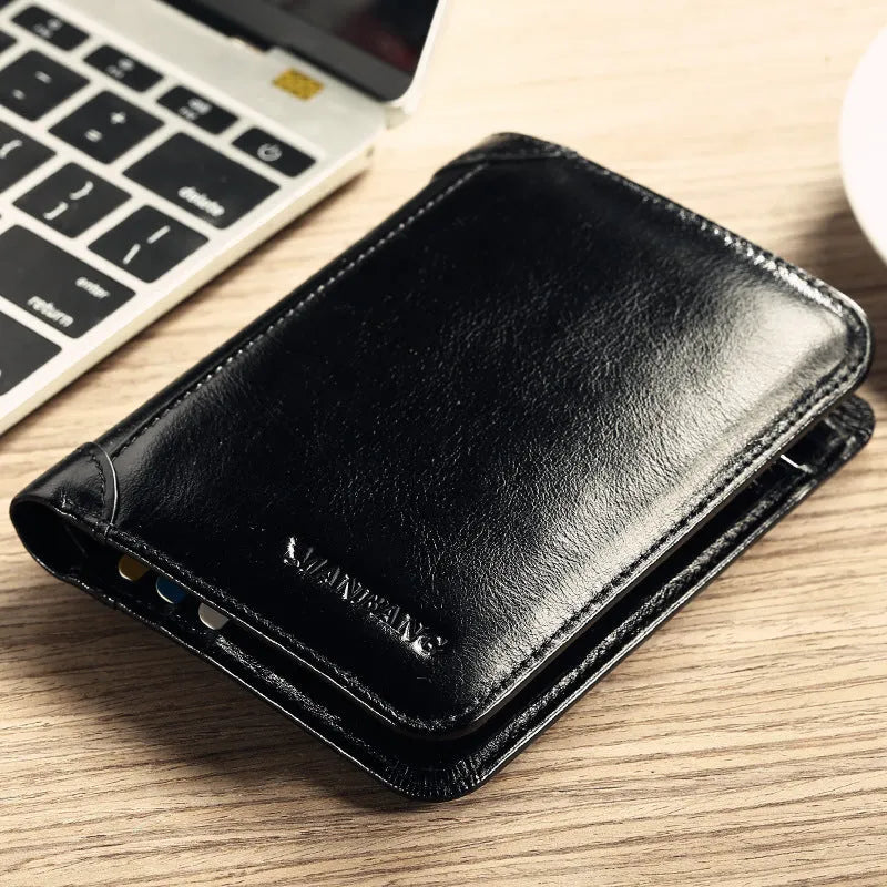Men's brown leather bifold wallet open to show multiple card slots, a cash compartment, and a coin pocket.