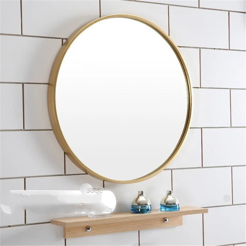Round Nordic style bathroom wall mirror with iron frame in black, white, or gold colour, 30cm diameter.