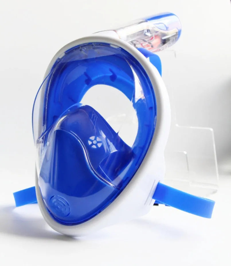 Full face silicone snorkeling mask with dry snorkel and GoPro mount in black colour on white background