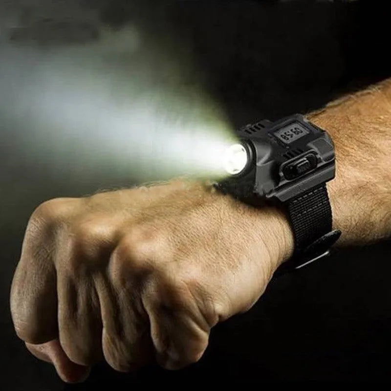 Rechargeable LED display wrist watch flashlight with CREE XPE bulb and nylon strap on outdoor background