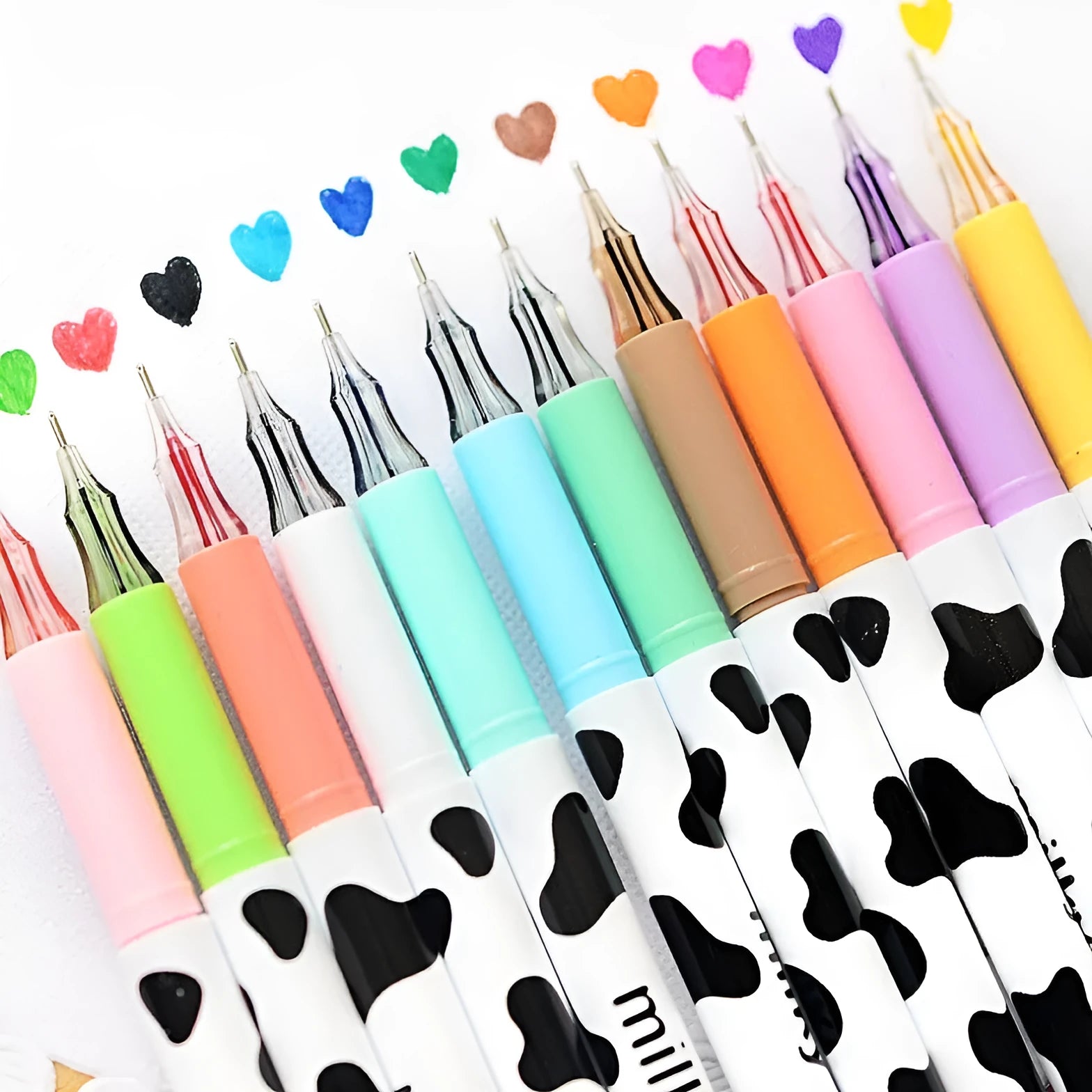 Box of 12 multi-colour cow design gel pens with 0.38 mm fine tips.