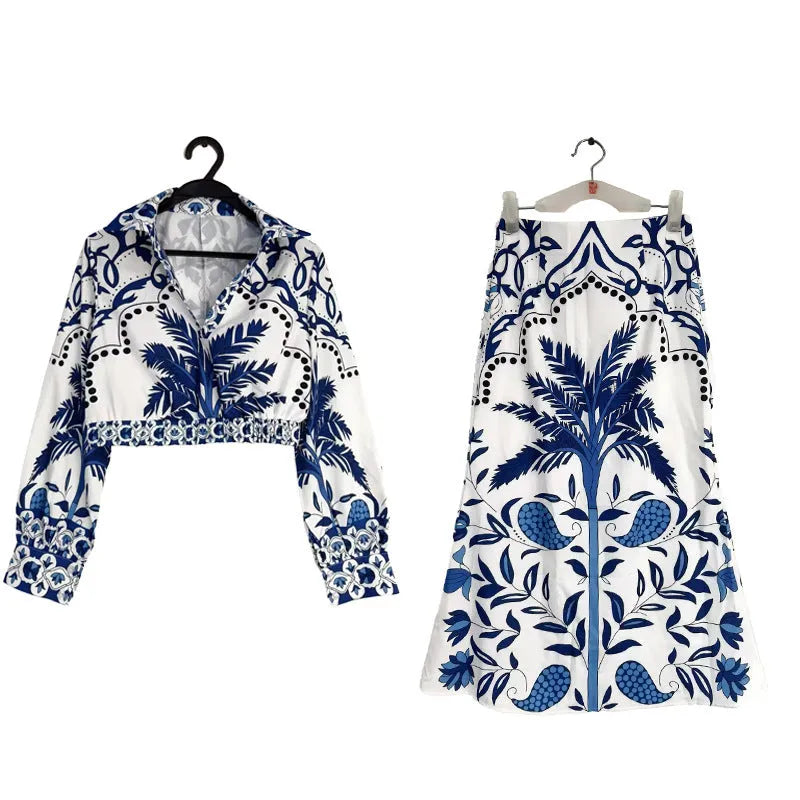 Women's long sleeve top and long skirt two-piece casual set in picture colour, loose fit.