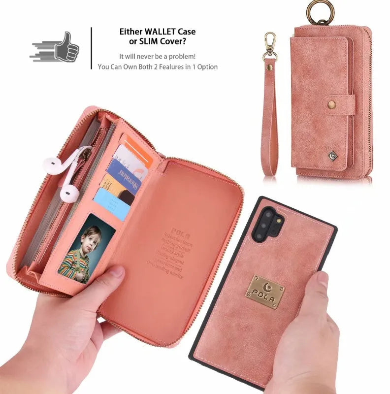 Black PU leather mobile phone wallet case with zip closure, shown next to cards for Samsung and iPhone models.