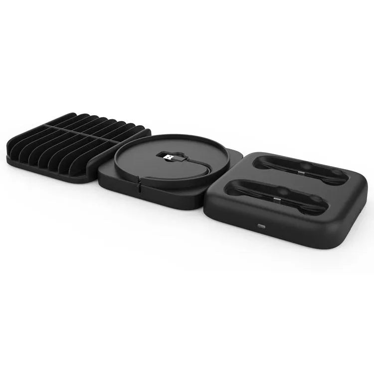 Xbox Series X three-in-one accessory set in black with main unit base, controller charging station, and disc storage rack