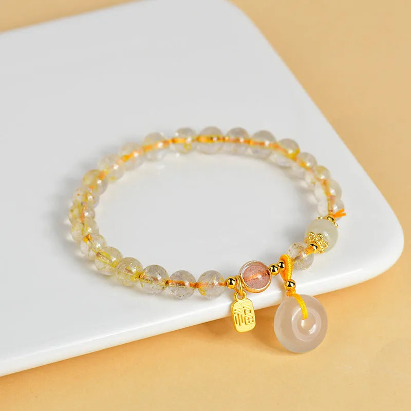Gold rutilated quartz bracelet with geometric peace buckle and blessing card pendant in national style