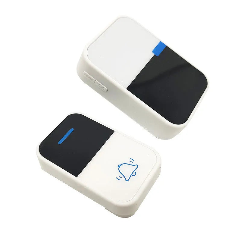 Modern white wireless doorbell receiver and transmitter with long 150 metre range.