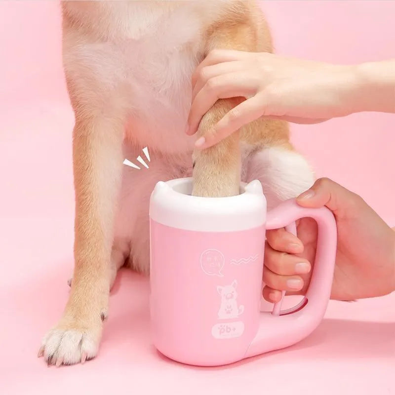 Blue pet paw cleaning cup with silicone brush for small dogs and cats on white background