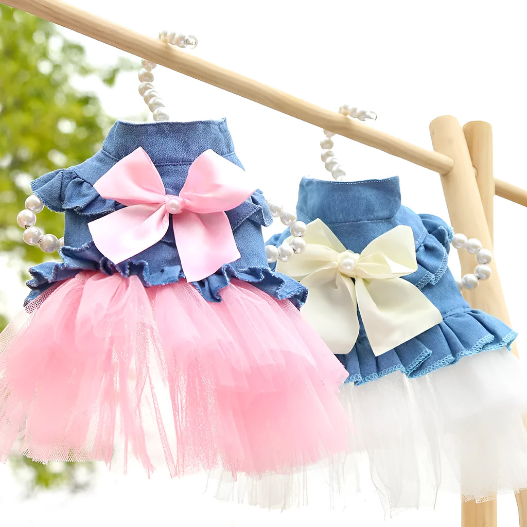 Korean version creative bow pet denim skirt for dogs in princess style with ruffled trim