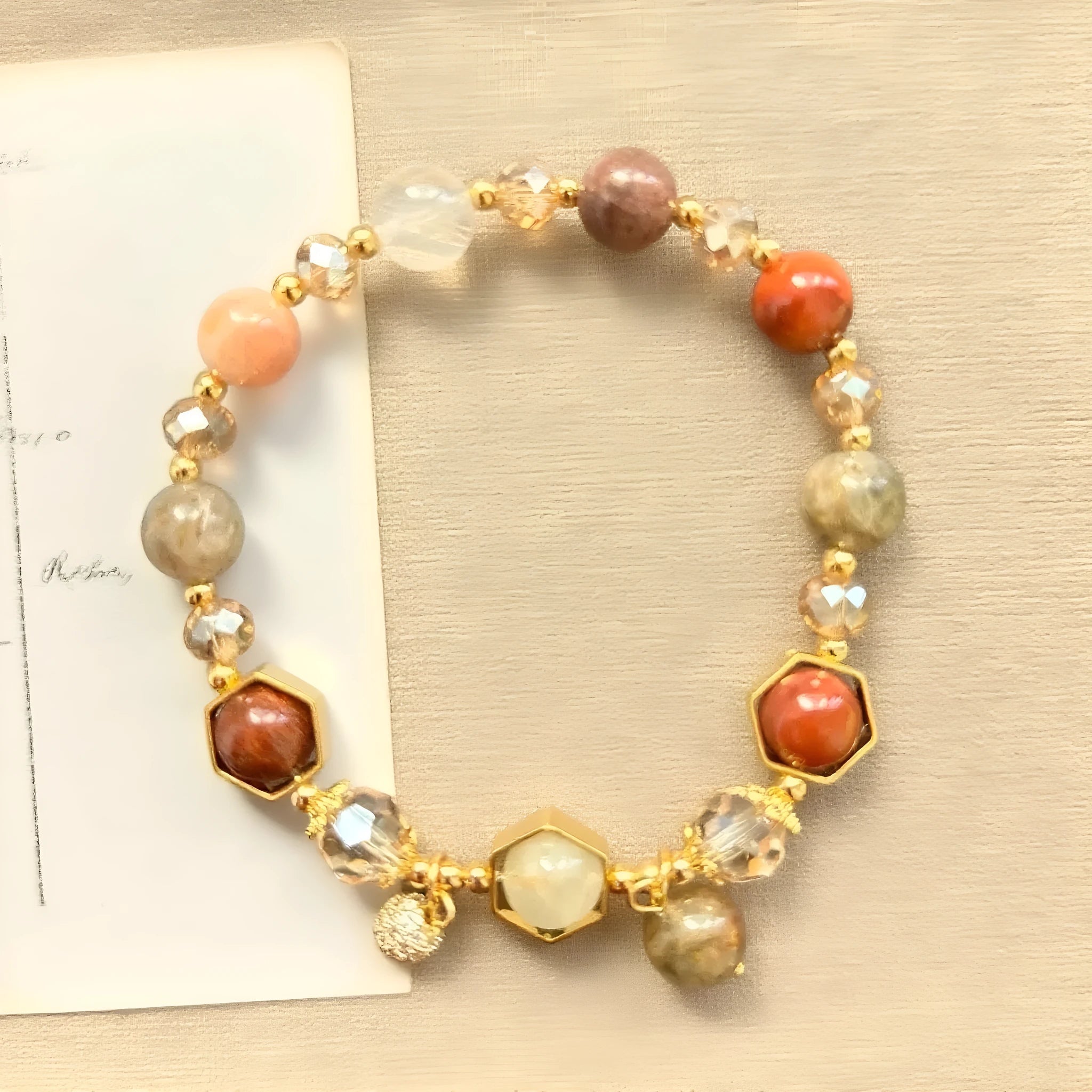 Gold colour citrine crystal bracelet with 8mm beads featuring Chinese auspicious symbols including Ruyi and Fu character