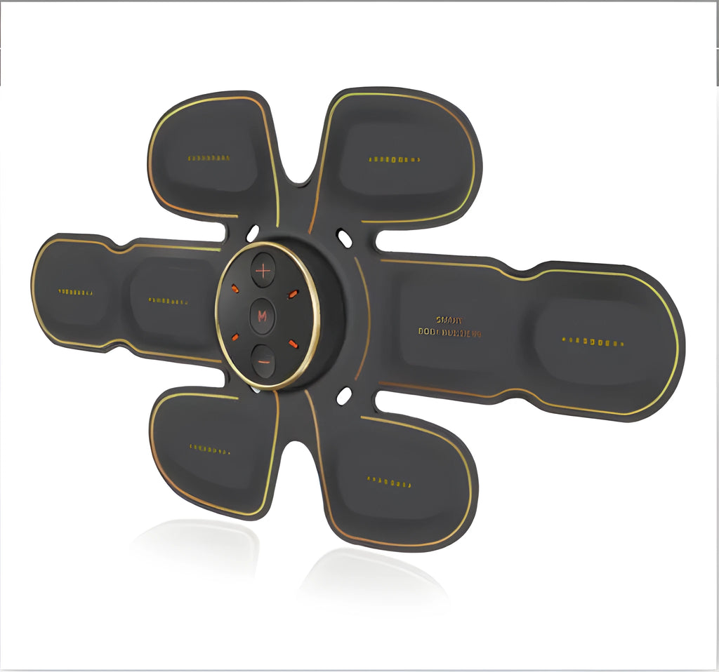 Black EMS abdominal muscle stimulator with hydrogel pads and USB cable on a white background