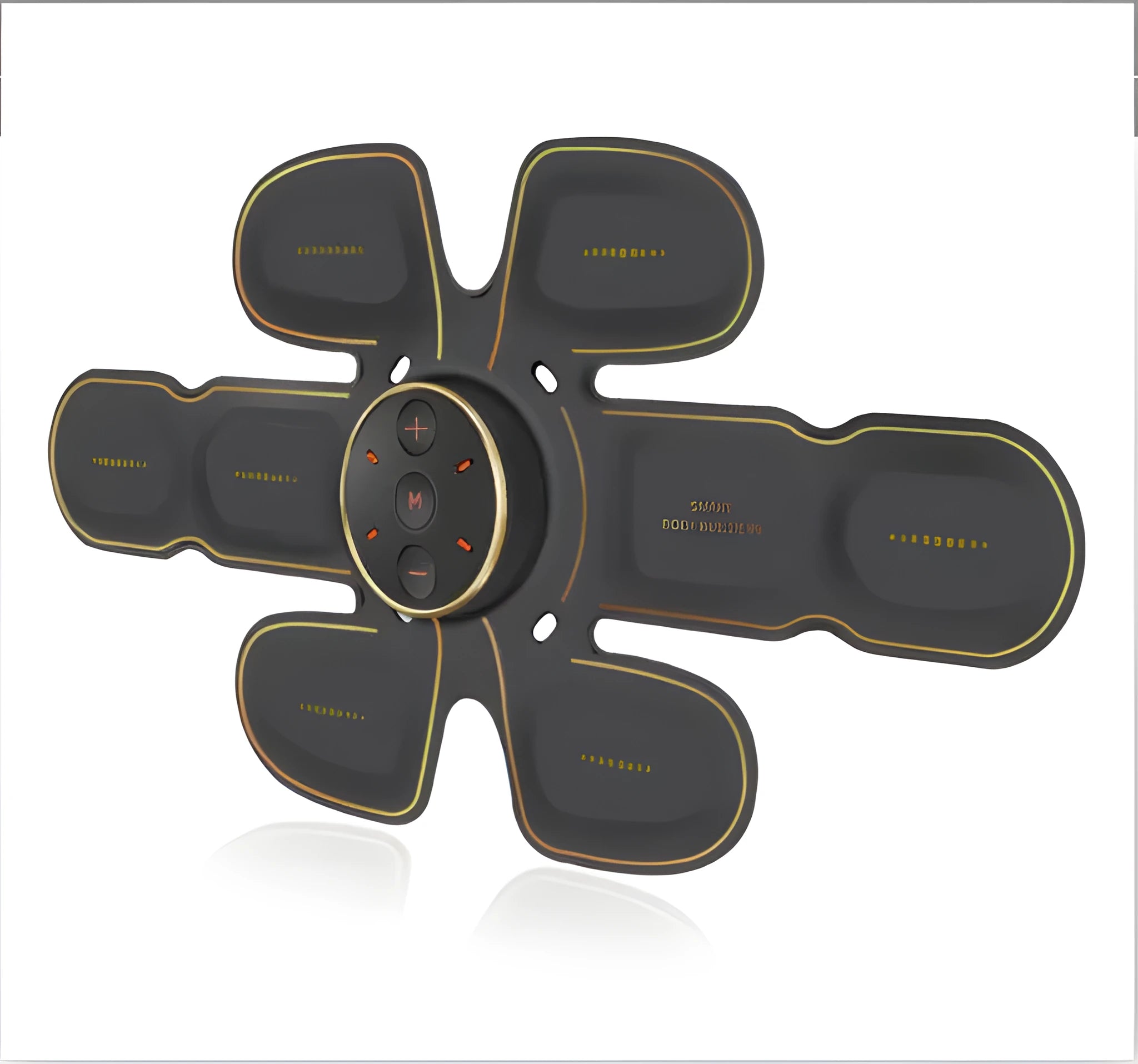 Black EMS abdominal muscle stimulator with hydrogel pads and USB cable on a white background