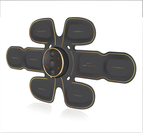 Black EMS abdominal muscle stimulator with hydrogel pads and USB cable on a white background
