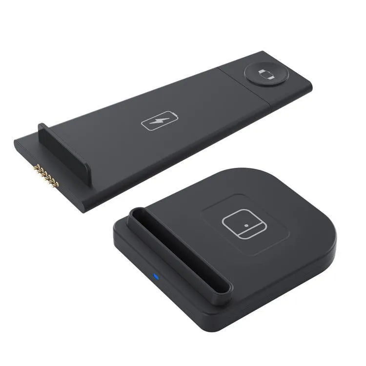 Foldable 3-in-1 wireless charger for phone, headphones and watch showing charging pads and 120cm USB cable