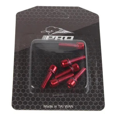 Set of six stainless steel mountain bike handlebar riser fixing screws displayed on a card, showing colour options.
