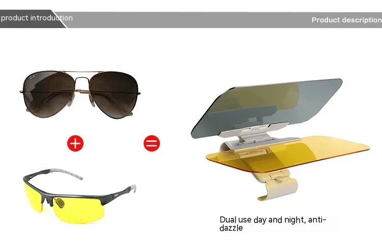 Car day and night sun goggles with reflective lenses on a sun visor, available in two sizes