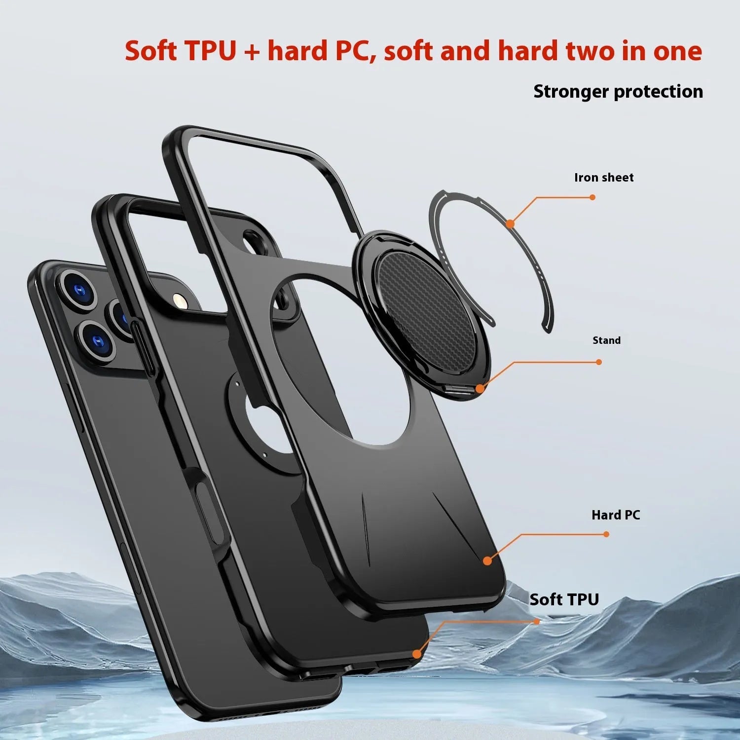 iPhone 17 Pro case with rotating damping magnetic bracket in TPU PC and aluminium alloy, black colour
