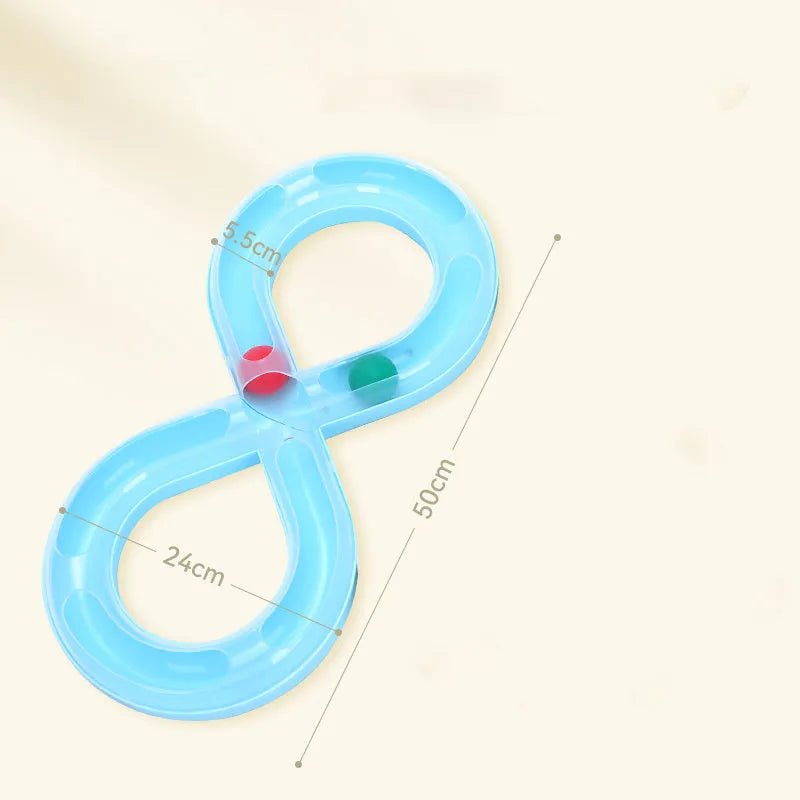 Blue and white cat toy set with turntable track, teasing stick, and four balls.