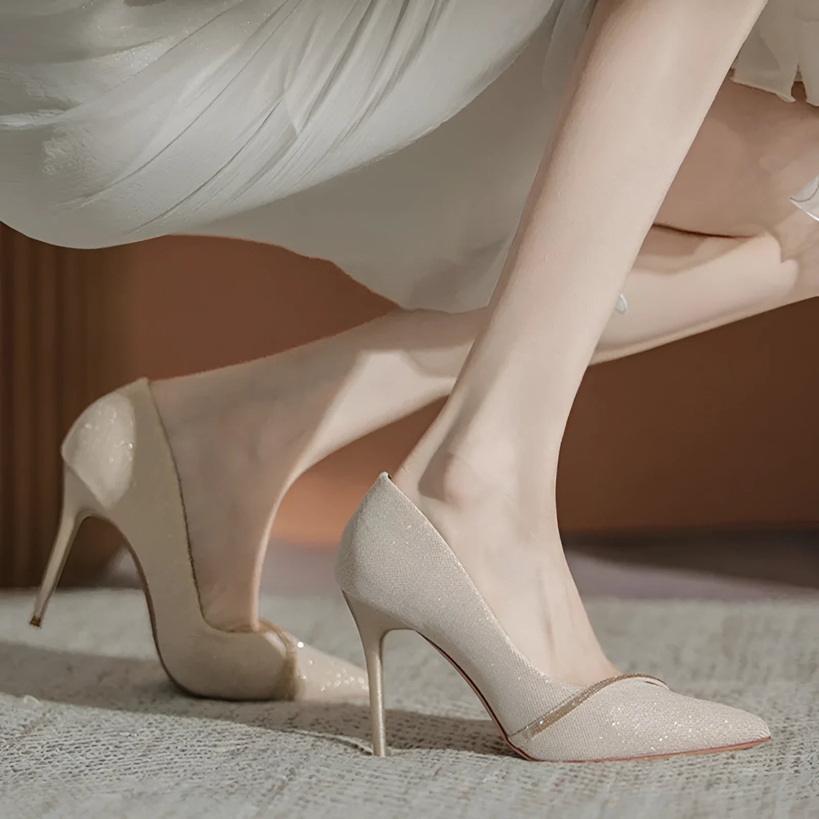 Gold women's stiletto pointed toe high heels on a plain background.