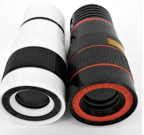 12X magnification phone telescope lens with attachment clip on a mobile phone.