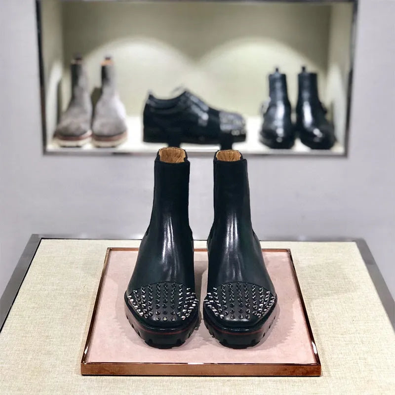 Black leather business casual high-top shoes with a plain toe and leather sole.