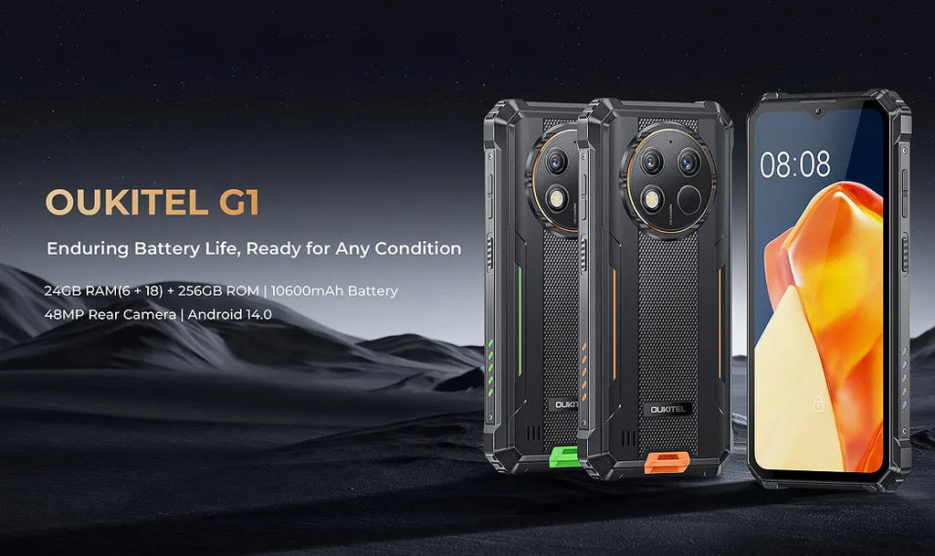 OUKITEL G1 mobile phone in green, grey, or orange colour with included charger