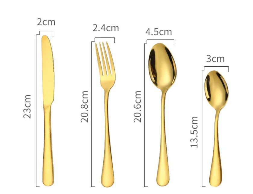 24 piece stainless steel cutlery set showing knives, forks and spoons in various colour finishes with one-piece moulding construction
