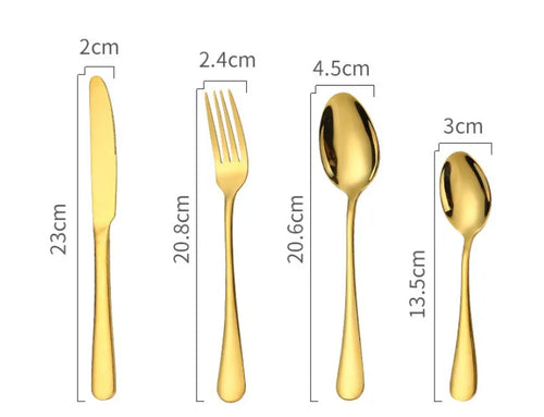 24 piece stainless steel cutlery set showing knives, forks and spoons in various colour finishes with one-piece moulding construction