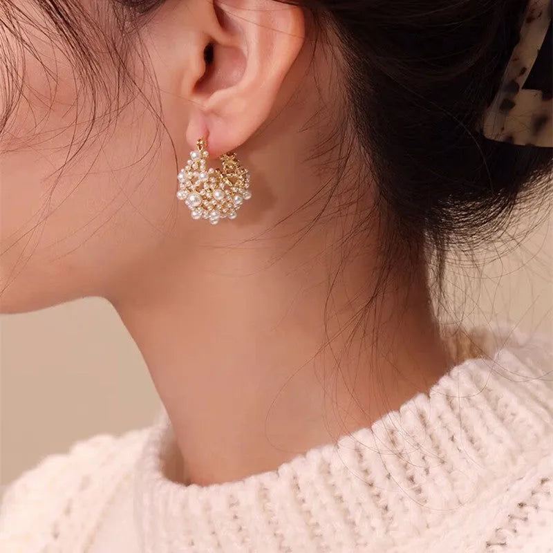 Women's gold flower basket earrings with pearl inlay on small rice-shaped beads