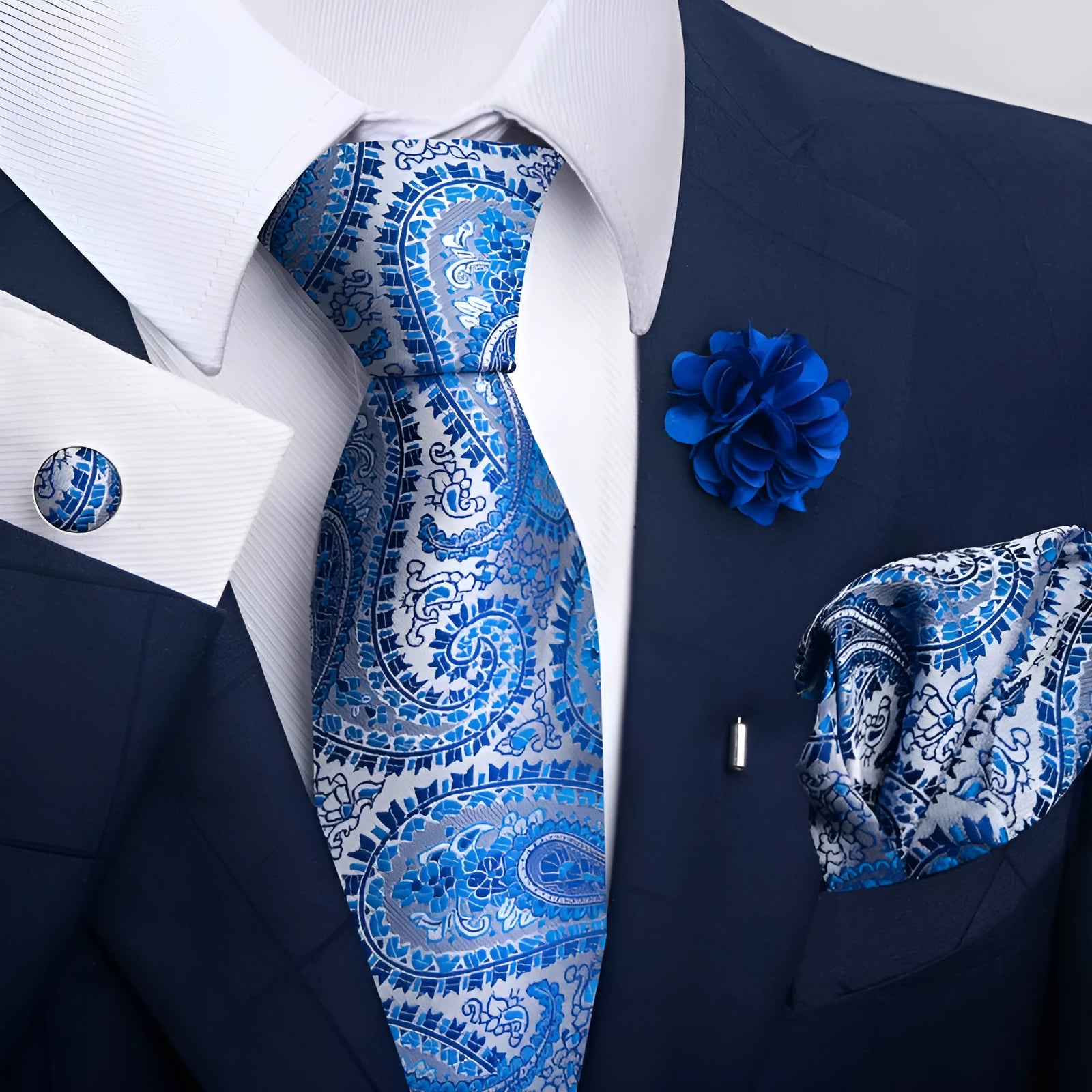 Floral jacquard polyester yarn tie and pocket square combo set for men, 147cm length, 50 colour options